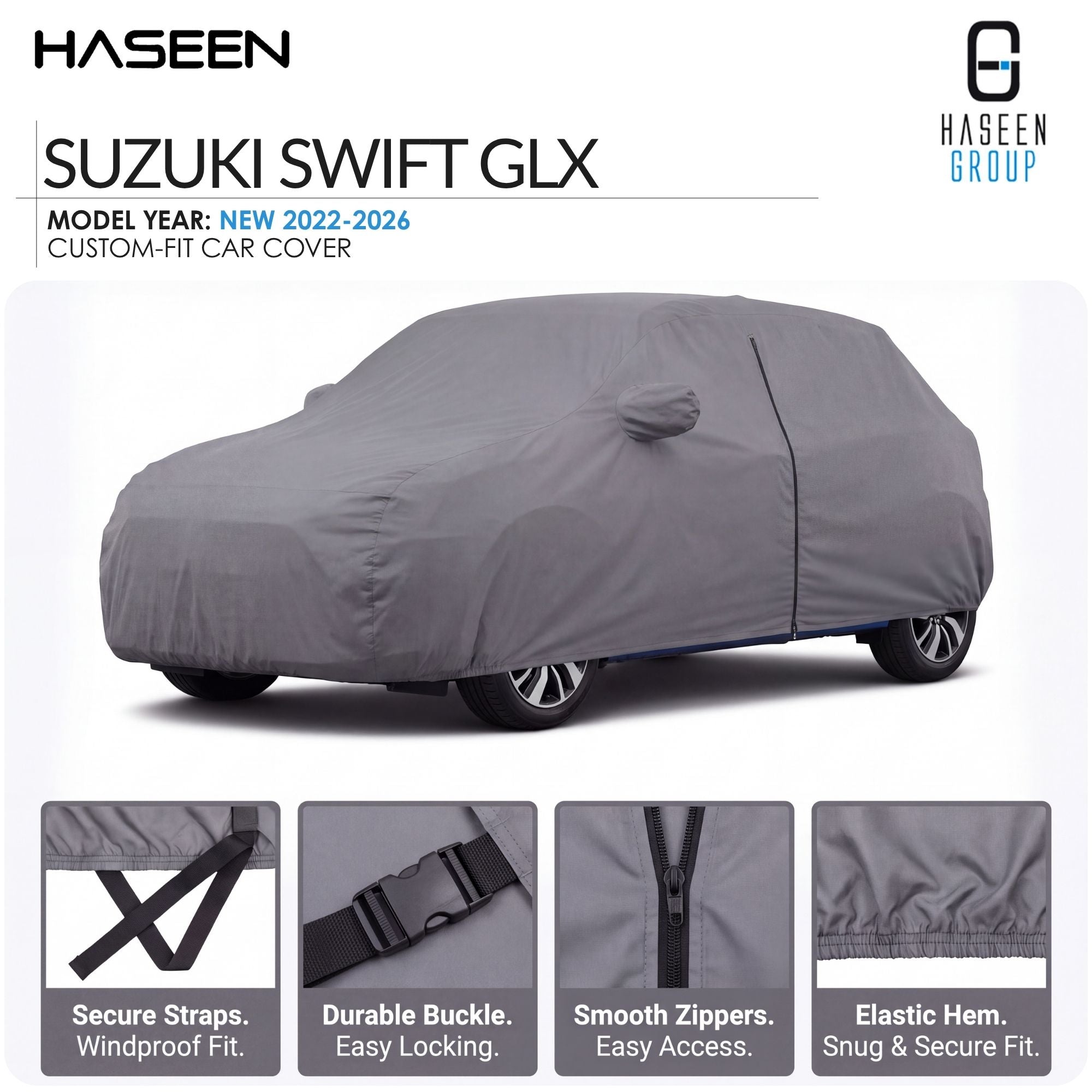A gray custom-fit car cover fitted over a Suzuki Swift GLX, shown on a white background with Haseen branding and feature callout panels along the bottom.