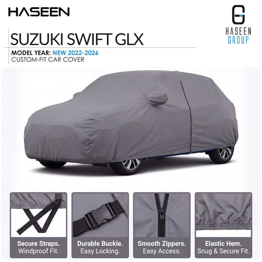 A gray custom-fit car cover fitted over a Suzuki Swift GLX, shown on a white background with Haseen branding and feature callout panels along the bottom.