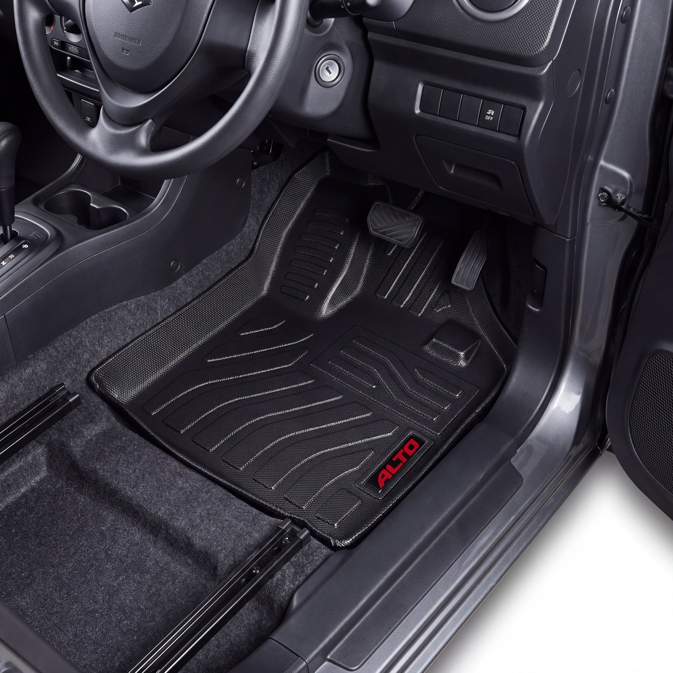 Haseen Suzuki Alto 660cc 9D TPE car floor mats installed – black mats with red Alto logo, Pakistan