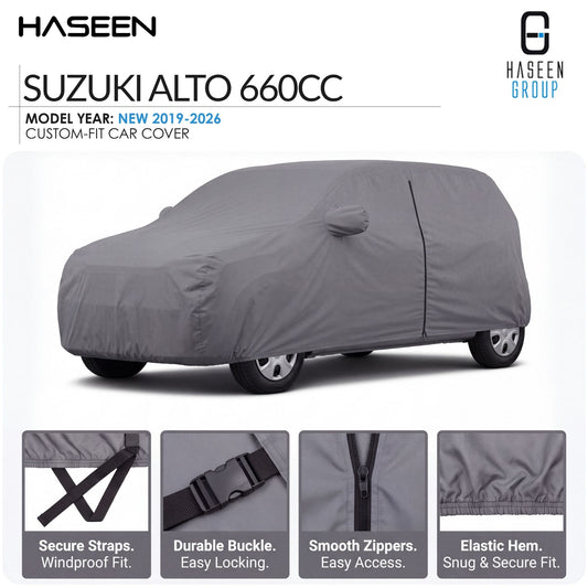 A gray custom-fit car cover shown on a white background, with the text 'SUZUKI ALTO 660CC' and 'HASEEN' branding. Four feature callout panels at the bottom highlight secure straps, durable buckle, smooth zippers, and elastic hem.