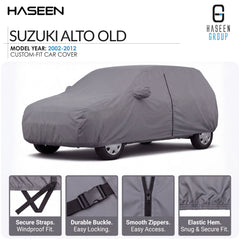 A gray custom-fit car cover shown on a white background, with text identifying it as a Haseen Suzuki Alto Old model year 2002-2012 cover. Four inset detail panels at the bottom highlight features like secure straps, durable buckle, smooth zippers, and elastic hem.