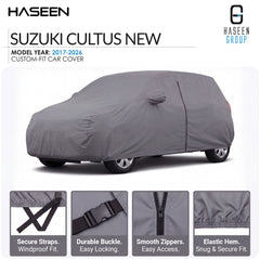 A gray custom-fit car cover shown on a white background, with the text 'SUZUKI CULTUS NEW' and 'HASEEN' branding. Four feature callout panels at the bottom highlight secure straps, durable buckle, smooth zippers, and elastic hem.