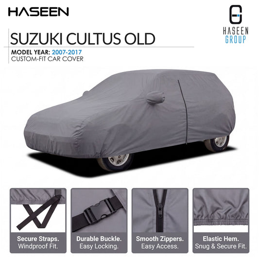 A gray custom-fit car cover shown on a car, with HASEEN branding and text for Suzuki Cultus Old. Four inset detail panels at the bottom highlight secure straps, durable buckle, smooth zippers, and elastic hem.