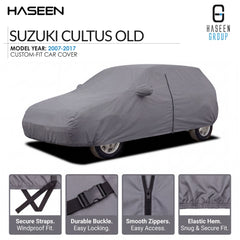 A gray custom-fit car cover shown on a car, with HASEEN branding and text for Suzuki Cultus Old. Four inset detail panels at the bottom highlight secure straps, durable buckle, smooth zippers, and elastic hem.