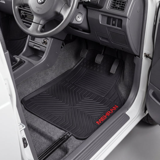 Black rubber car floor mats with a geometric pattern and red 'MEHFAN' branding, shown installed in the front passenger footwell of a vehicle.