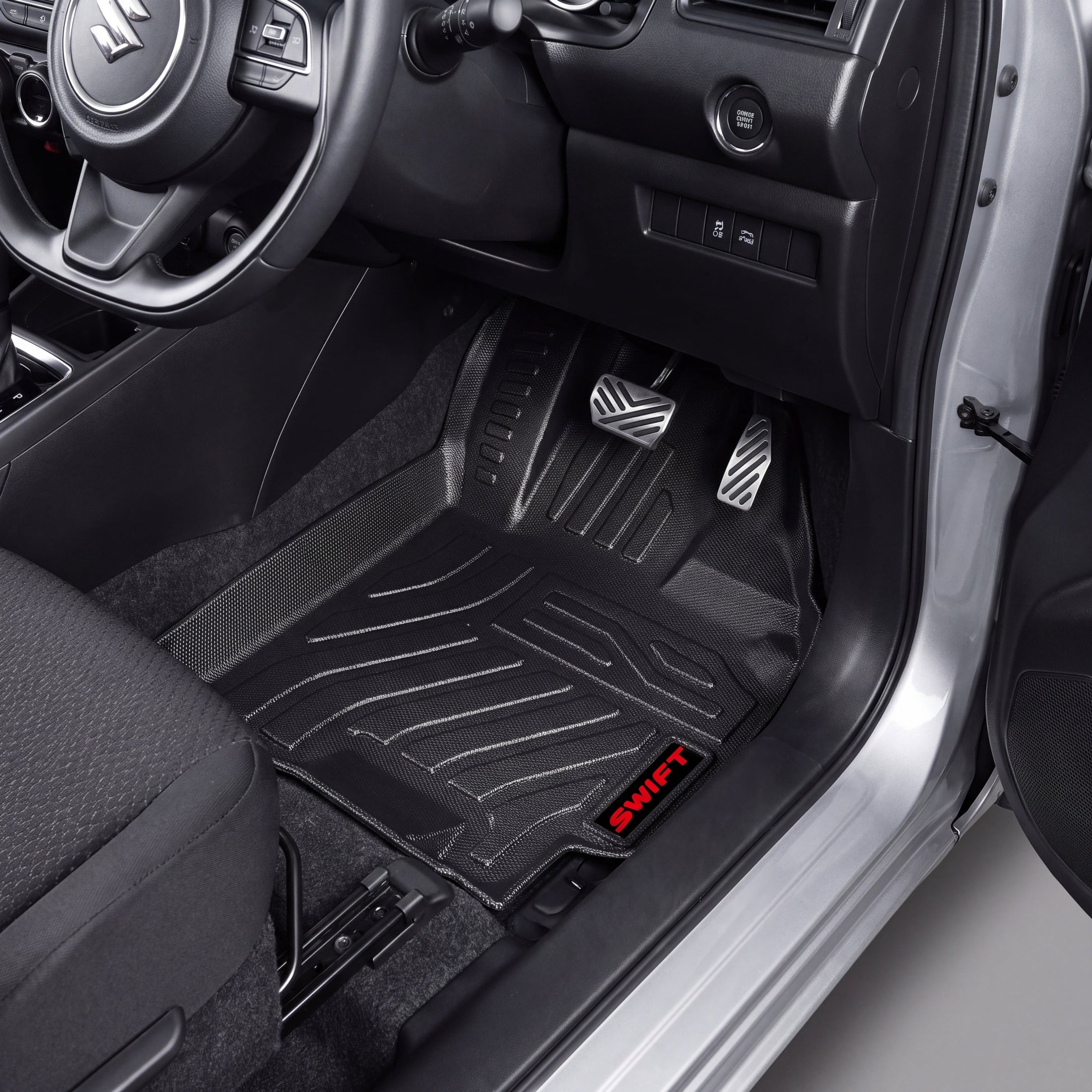 Haseen Suzuki Swift 9D TPE car floor mats installed – black molded mats with red Swift logo, Pakistan