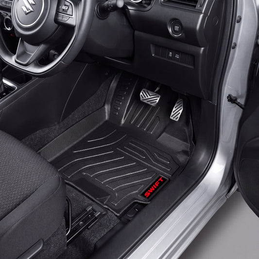 Haseen Suzuki Swift 9D TPE car floor mats installed – black molded mats with red Swift logo, Pakistan