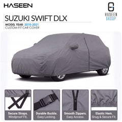 A gray custom-fit car cover shown on a white background, with the text 'SUZUKI SWIFT DLX' and 'HASEEN GROUP' visible. Four feature callout panels at the bottom highlight secure straps, durable buckle, smooth zippers, and elastic hem.
