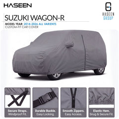 A gray custom-fit car cover shown on a Suzuki wagon-R, with HASEEN branding and feature callout panels along the bottom describing straps, buckle, zippers, and hem.