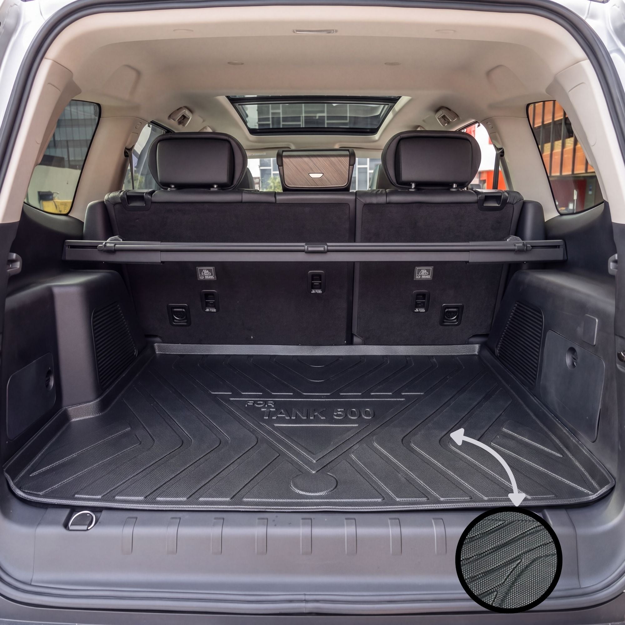 Black custom-fit trunk mat installed in the boot of a Tank 500 PHEV 5 Seater