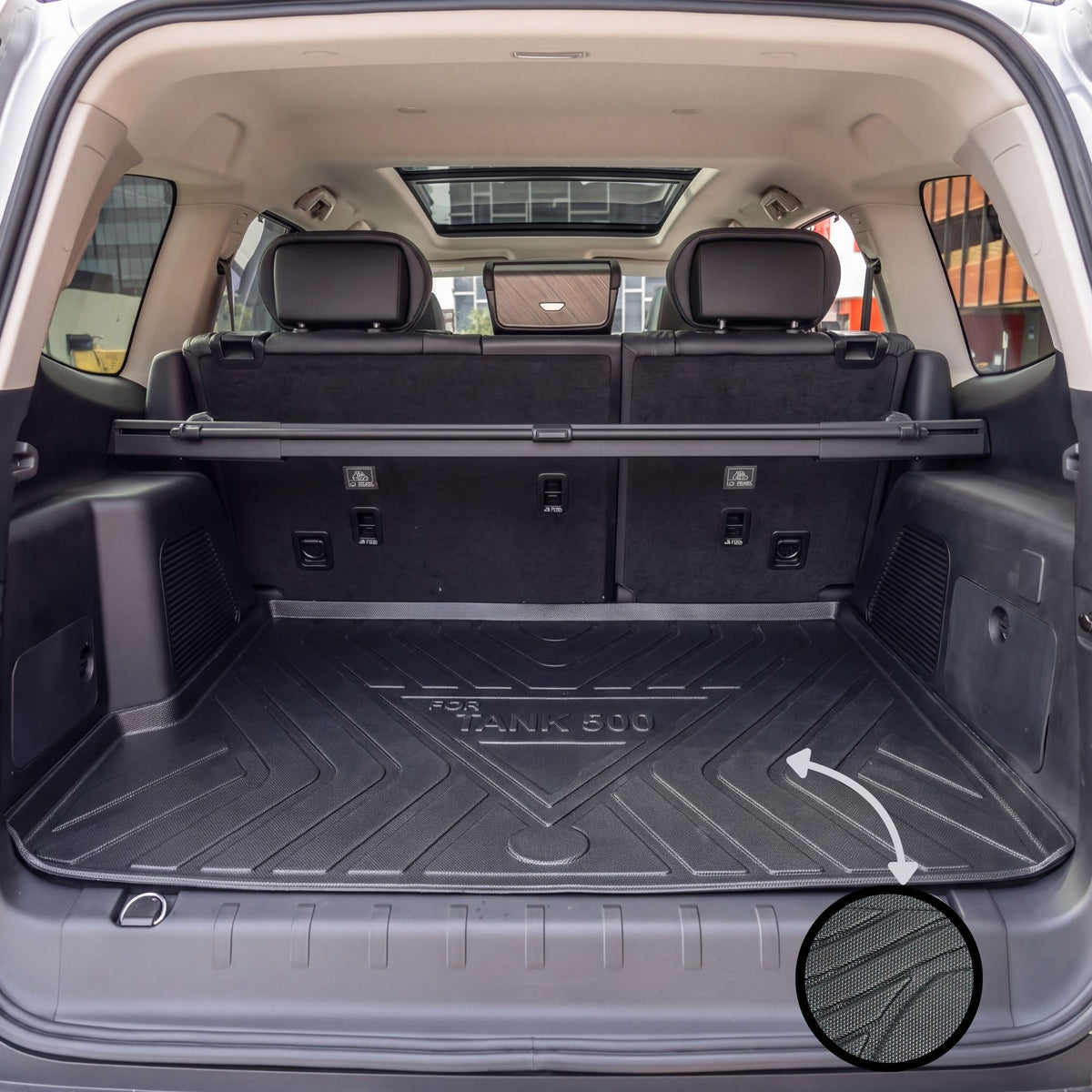 Black custom-fit trunk mat installed in the boot of a Tank 500 PHEV 5 Seater