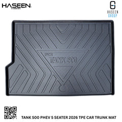 Luggage placed on a black trunk liner in a Tank 500 PHEV 5 Seater boot by Haseen Mats