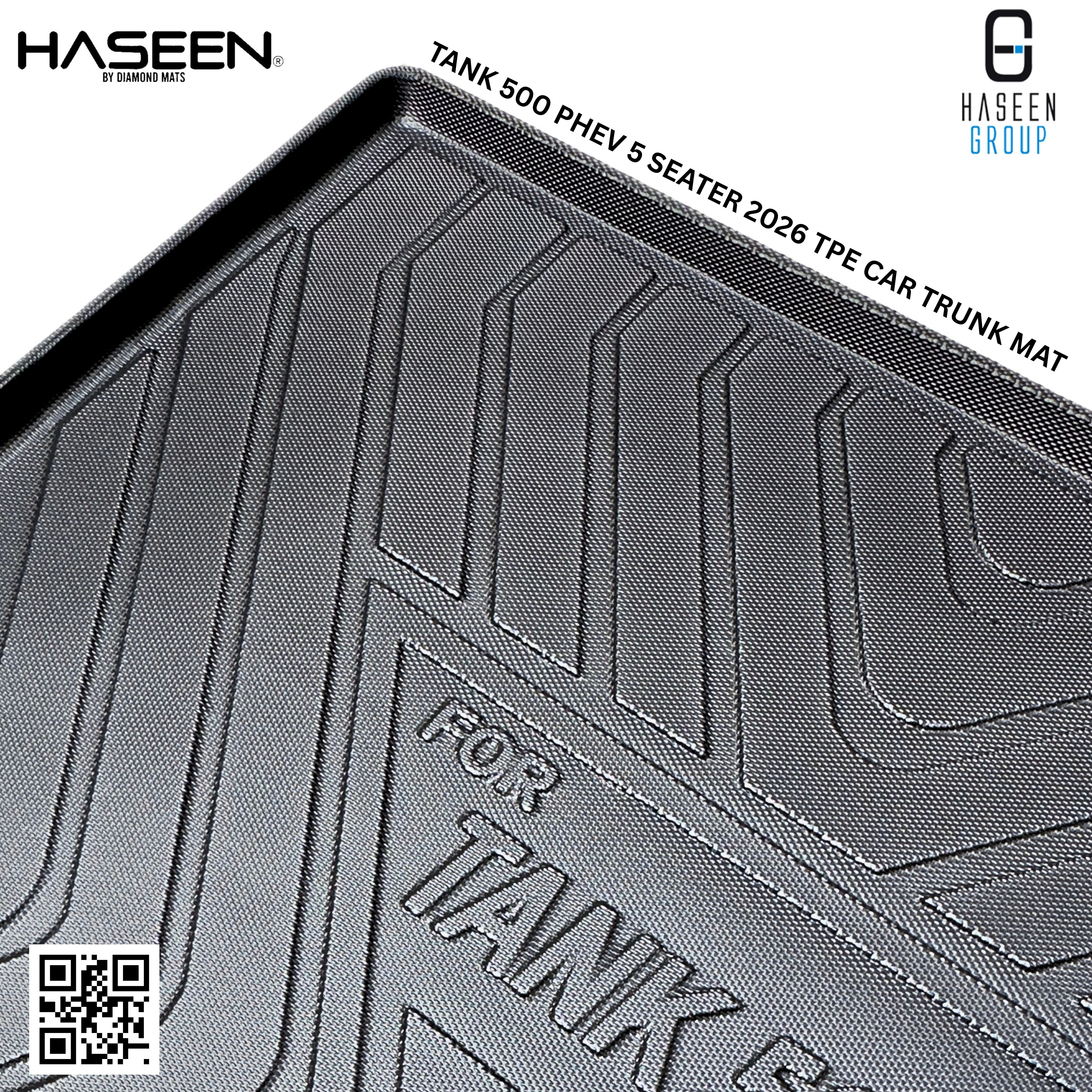 Close-up of anti-slip textured surface and raised edges on Tank 500 PHEV trunk mat