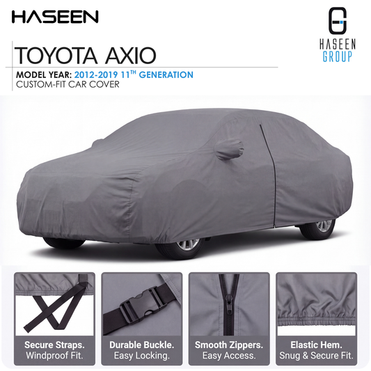A gray custom-fit car cover shown draped over a sedan on a white background, with HASEEN branding and text identifying the product as a Toyota Axio model-year fit cover. Four small inset detail panels at the bottom show close-ups of straps, buckle, zippers, and hem.