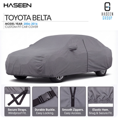 A gray car cover fitted over a sedan, shown on a white background with HASEEN branding and text reading 'TOYOTA BELTA' and 'Model Year: 2006-2014 Custom-Fit Car Cover.' Four small feature callout panels at the bottom highlight secure straps, durable buckle, smooth zippers, and elastic hem.