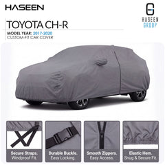 A gray custom-fit car cover shown on a Toyota CH-R model, with HASEEN branding and feature callout panels along the bottom. The cover fits the vehicle closely and is presented on a clean white background with product text and icons.