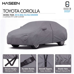 A gray custom-fit car cover shown on a white background, with the text 'TOYOTA COROLLA' and model years listed at the top. Four feature callout panels at the bottom describe secure straps, durable buckle, smooth zippers, and elastic hem.