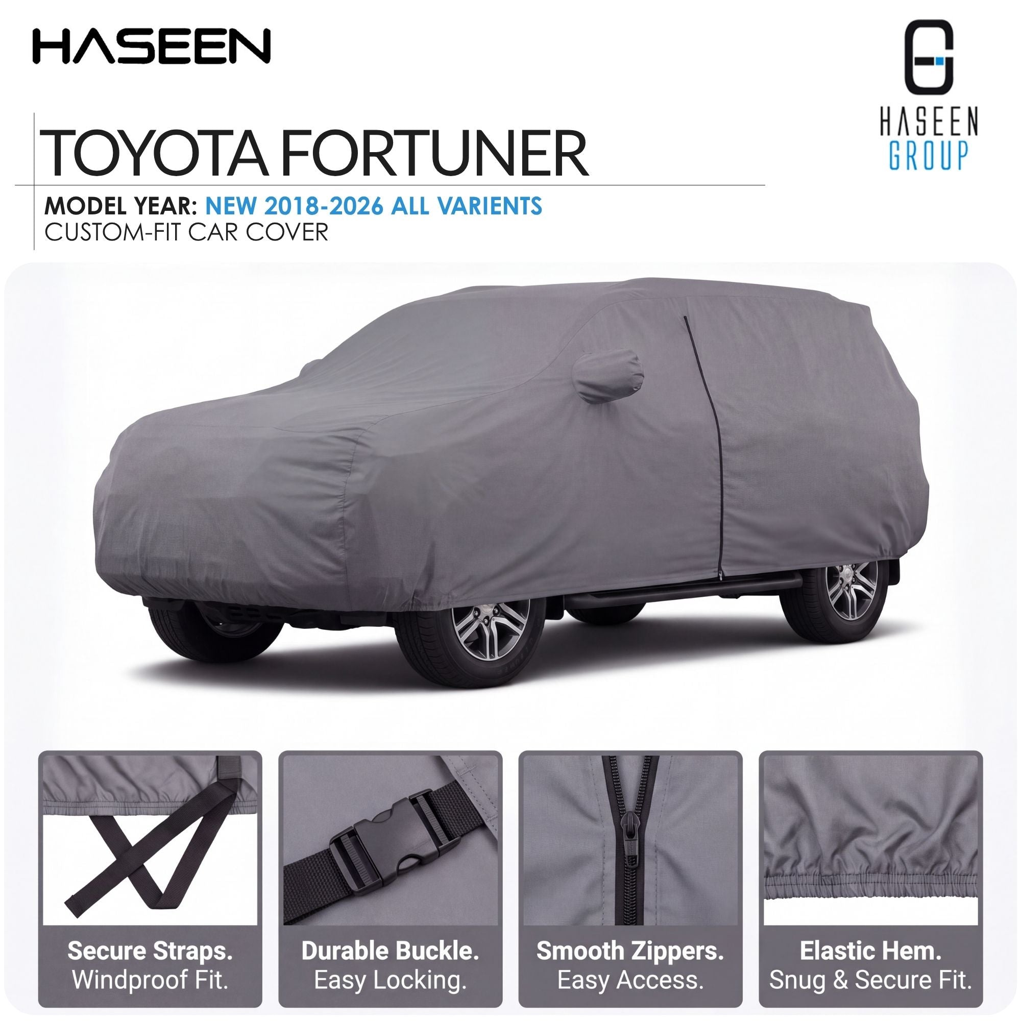A gray custom-fit car cover on a Toyota Fortuner, shown on a white background with Haseen branding and feature callout panels at the bottom.