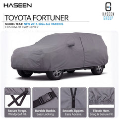 A gray custom-fit car cover on a Toyota Fortuner, shown on a white background with Haseen branding and feature callout panels at the bottom.