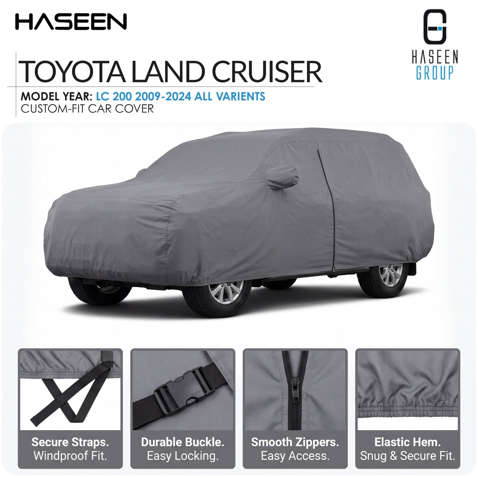 A gray car cover fitted over a car, shown on a white background with HASEEN branding and feature callouts for the Deepal S07 Electric model year 2026 custom-fit car cover.