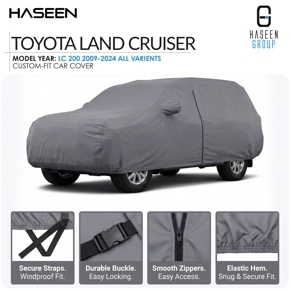 A gray car cover fitted over a car, shown on a white background with HASEEN branding and feature callouts for the Deepal S07 Electric model year 2026 custom-fit car cover.