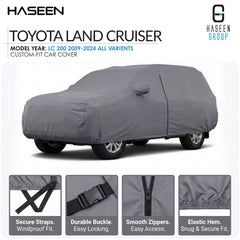 A gray car cover fitted over a car, shown on a white background with HASEEN branding and feature callouts for the Deepal S07 Electric model year 2026 custom-fit car cover.