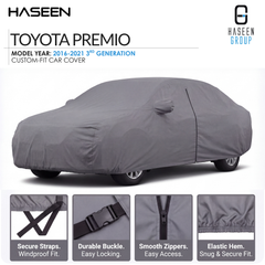 A gray custom-fit car cover shown on a white background, with the text 'TOYOTA PREMIO' and 'HASEEN GROUP' at the top. Four small feature callout panels at the bottom highlight secure straps, durable buckle, smooth zippers, and elastic hem.