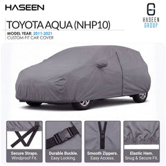 A gray custom-fit car cover shown on a white background, with the text 'TOYOTA AQUA (NHP10)' and 'HASEEN' branding. Four inset detail panels at the bottom highlight secure straps, durable buckle, smooth zippers, and elastic hem.