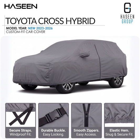 A gray custom-fit car cover shown on a white background, with the text 'TOYOTA CROSS HYBRID' and 'HASEEN' branding. Four inset detail panels at the bottom highlight features like secure straps, durable buckle, smooth zippers, and elastic hem.