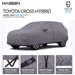 A gray custom-fit car cover shown on a white background, with the text 'TOYOTA CROSS HYBRID' and 'HASEEN' branding. Four inset detail panels at the bottom highlight features like secure straps, durable buckle, smooth zippers, and elastic hem.