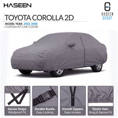 A gray car cover fitted over a Toyota Corolla 2D car, shown on a white background with HASEEN branding and feature callouts for secure straps, durable buckle, smooth zippers, and elastic hem.