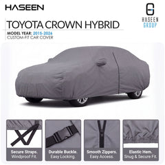 A gray custom-fit car cover shown on a white background, with the text 'TOYOTA CROWN HYBRID' and 'HASEEN' visible. Four small detail panels at the bottom highlight features such as secure straps, durable buckle, smooth zippers, and elastic hem.
