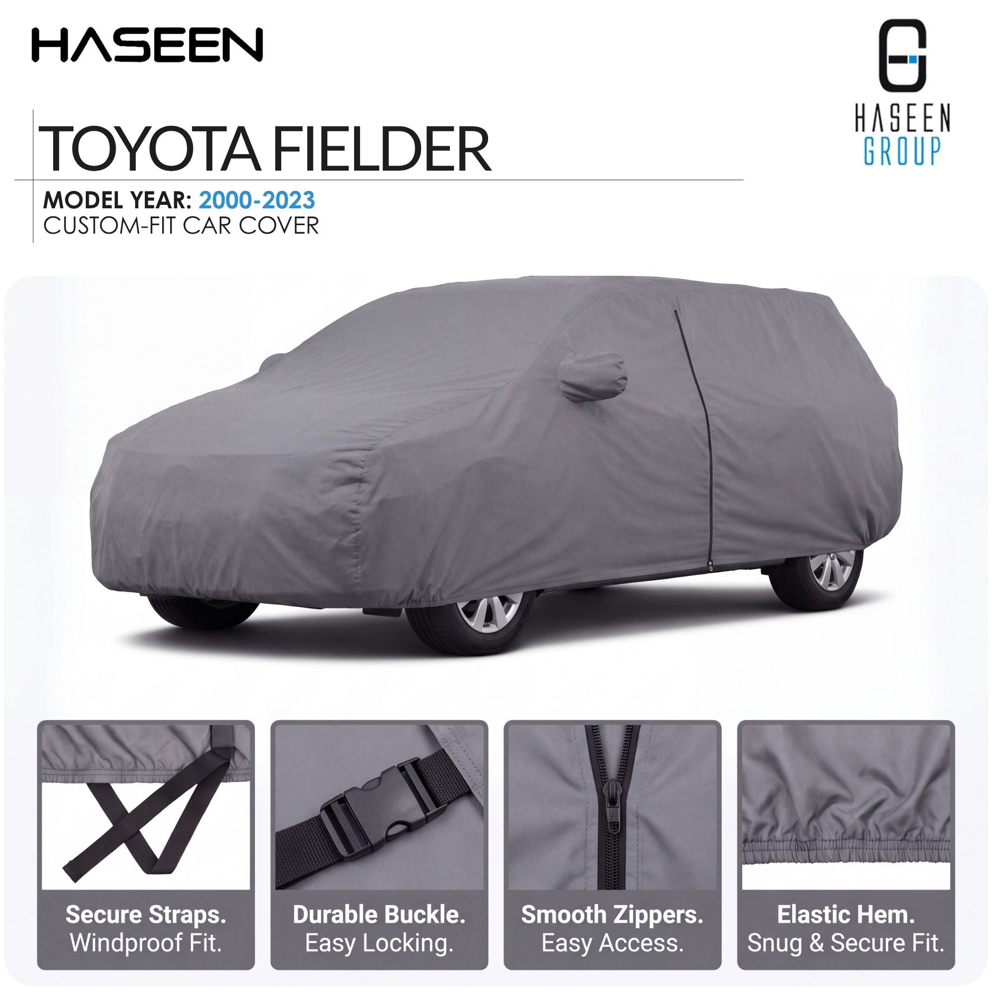 A gray car cover fitted over a vehicle, shown on a white background with HASEEN branding and text reading 'Toyota Fielder' and feature callouts along the bottom.