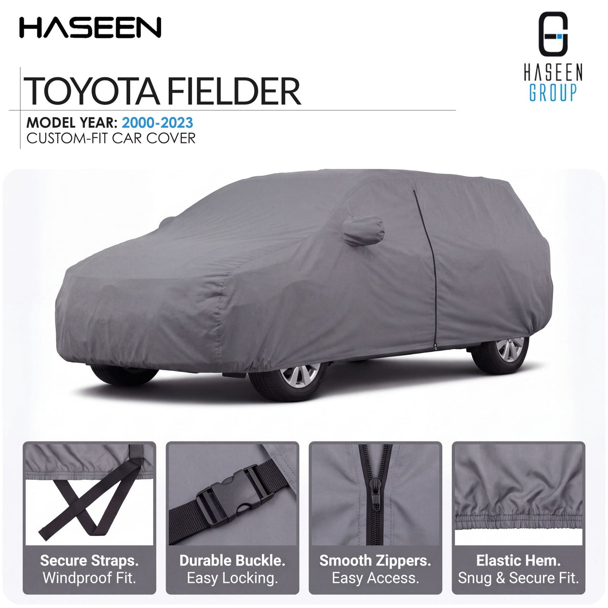 A gray car cover fitted over a vehicle, shown on a white background with HASEEN branding and text reading 'Toyota Fielder' and feature callouts along the bottom.