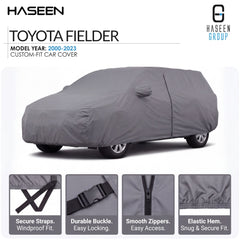 A gray car cover fitted over a vehicle, shown on a white background with HASEEN branding and text reading 'Toyota Fielder' and feature callouts along the bottom.