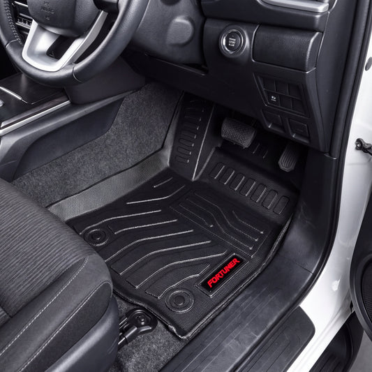 Haseen Toyota Fortuner 9D TPE car floor mats installed – black mats with red Fortuner logo, Pakistan
