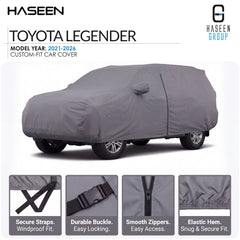 A gray car cover fitted over a vehicle, shown on a white background with HASEEN branding and text for a Toyota Legendar model year 2021-2026 cover. Four inset detail panels at the bottom highlight secure straps, durable buckle, smooth zippers, and elastic hem.