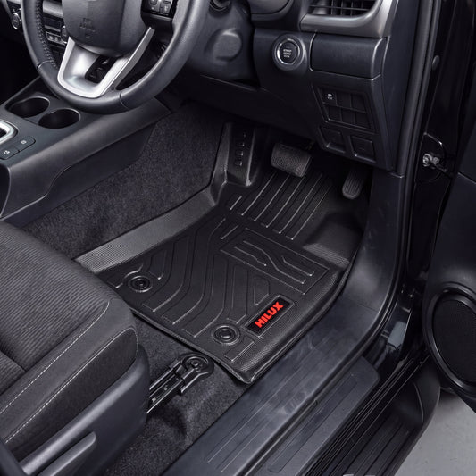 Haseen Toyota Revo 9D TPE car floor mats installed – black custom fit waterproof mats, Pakistan