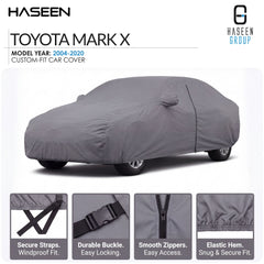 A gray custom-fit car cover shown on a white background, with the text 'TOYOTA MARK X' and 'HASEEN GROUP' at the top, plus four feature callout panels along the bottom describing secure straps, durable buckle, smooth zippers, and elastic hem.