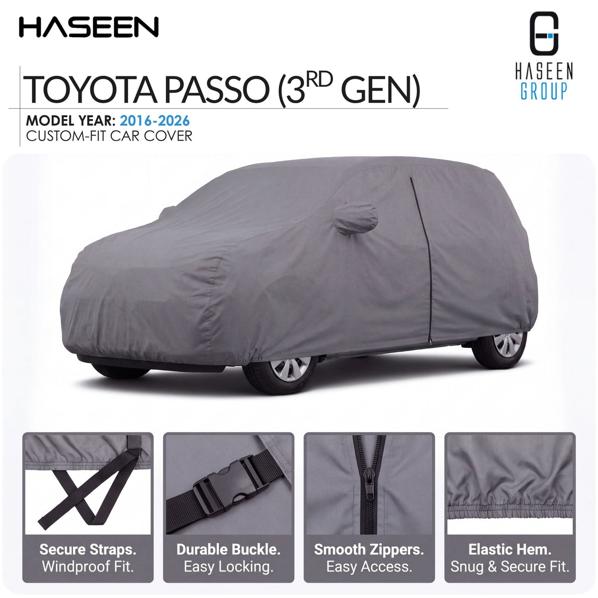 A gray car cover fitted over a Toyota Passo (3rd Gen) car, shown on a white background with HASEEN branding and feature callout panels at the bottom.