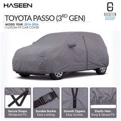 A gray car cover fitted over a Toyota Passo (3rd Gen) car, shown on a white background with HASEEN branding and feature callout panels at the bottom.