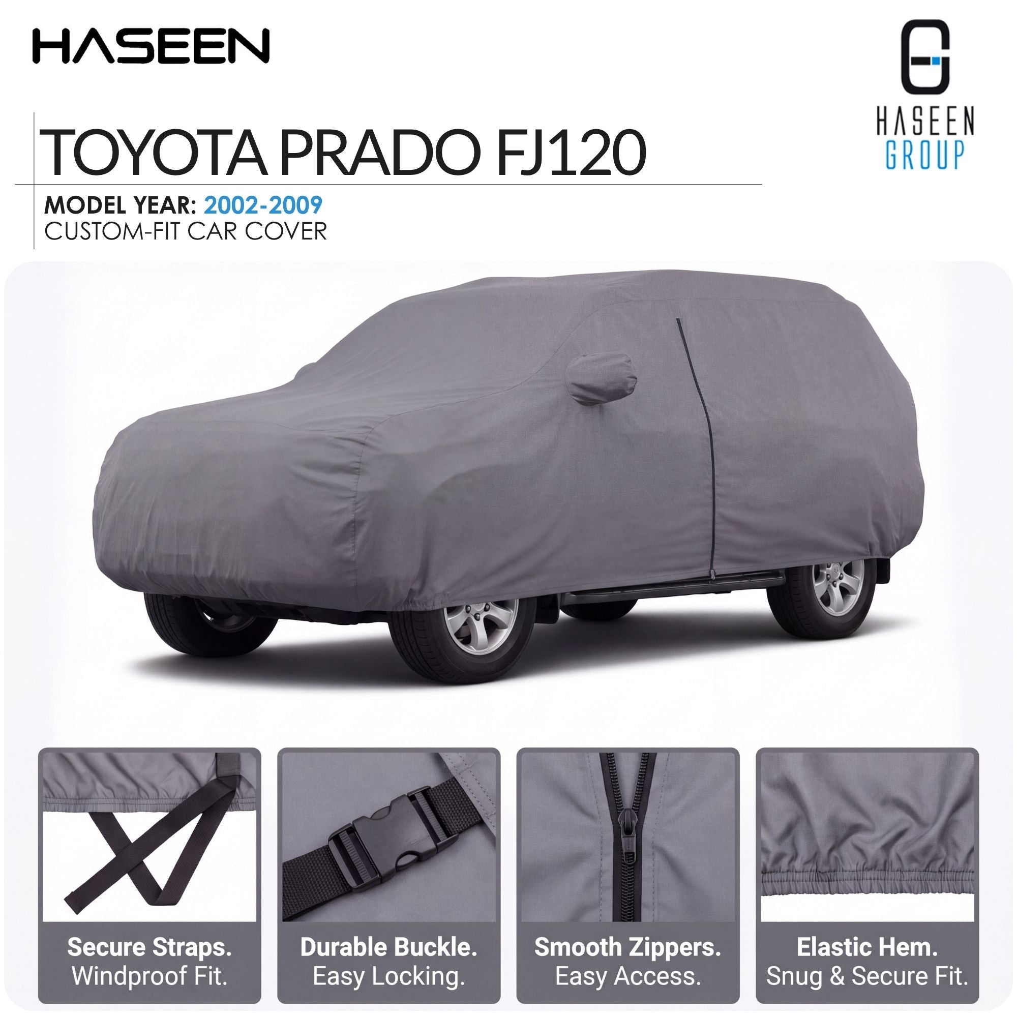 A gray custom-fit car cover shown on a Toyota Prado FJ120, with Haseen branding and feature callout panels along the bottom.