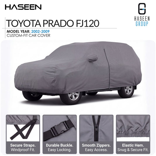 A gray custom-fit car cover shown on a Toyota Prado FJ120, with Haseen branding and feature callout panels along the bottom.