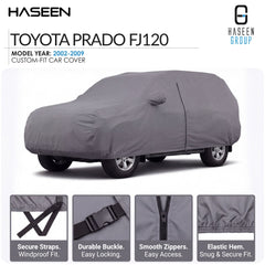 A gray custom-fit car cover shown on a Toyota Prado FJ120, with Haseen branding and feature callout panels along the bottom.