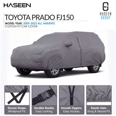 A gray custom-fit car cover shown on a Toyota Prado FJ150, with Haseen branding and feature callout panels along the bottom detailing secure straps, a durable buckle, smooth zippers, and an elastic hem.