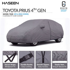 A gray custom-fit car cover shown on a white background, with HASEEN branding and text identifying it as a Toyota Prius 4th Gen model year 2016-2022 cover. Four inset detail panels at the bottom show secure straps, a durable buckle, smooth zippers, and an elastic hem.