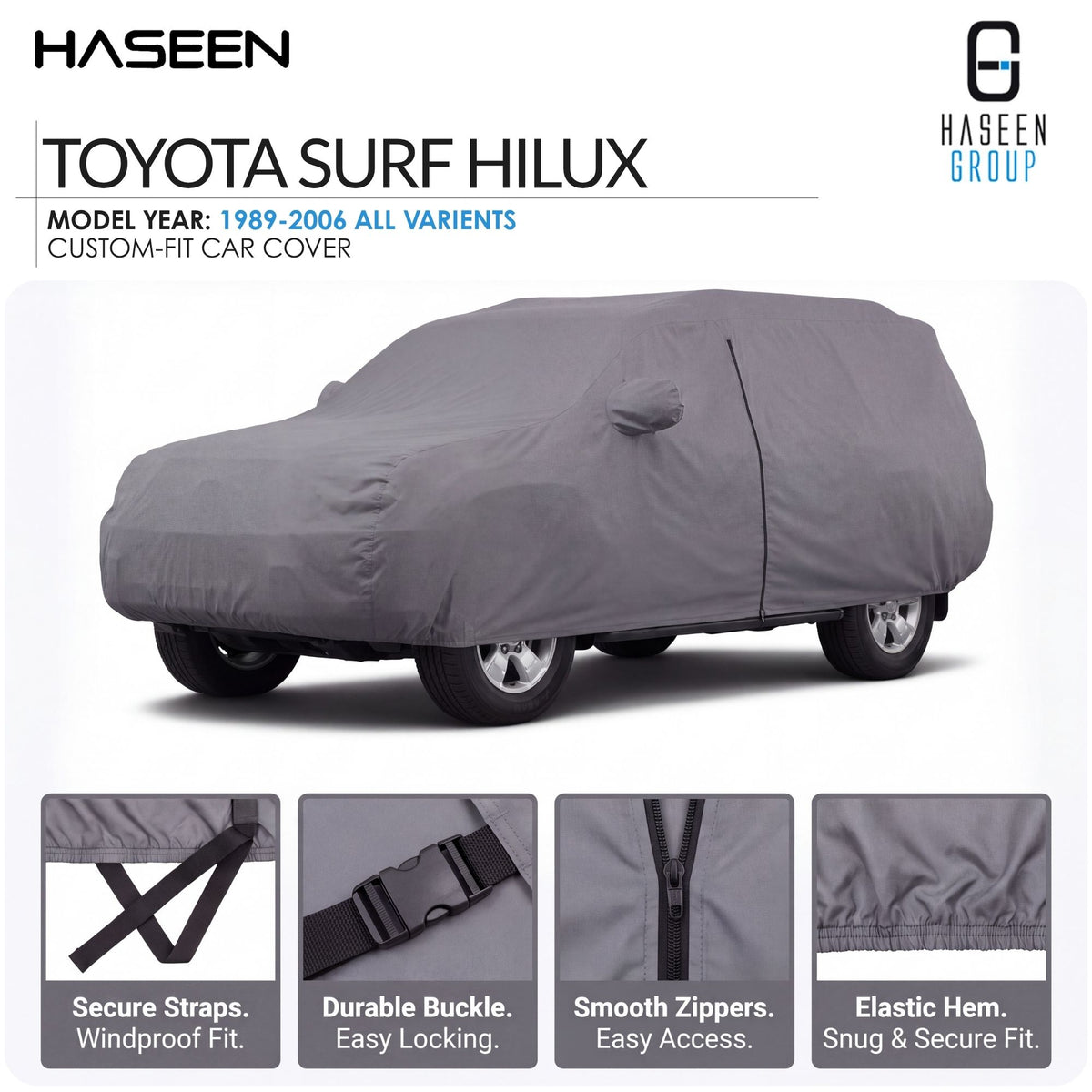 A gray car cover fitted over a Toyota Surf Hilux vehicle, shown on a white background with HASEEN branding and feature callout panels at the bottom.