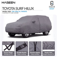 A gray car cover fitted over a Toyota Surf Hilux vehicle, shown on a white background with HASEEN branding and feature callout panels at the bottom.