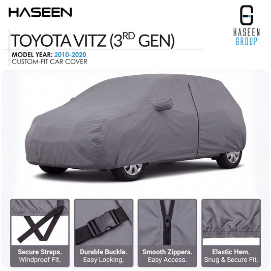 A gray custom-fit car cover shown fitted over a Toyota Vitz (3rd Gen) car, with Haseen branding and feature callout panels along the bottom.