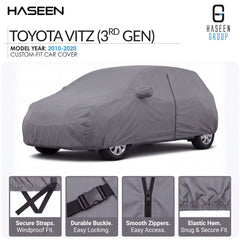 A gray custom-fit car cover shown fitted over a Toyota Vitz (3rd Gen) car, with Haseen branding and feature callout panels along the bottom.